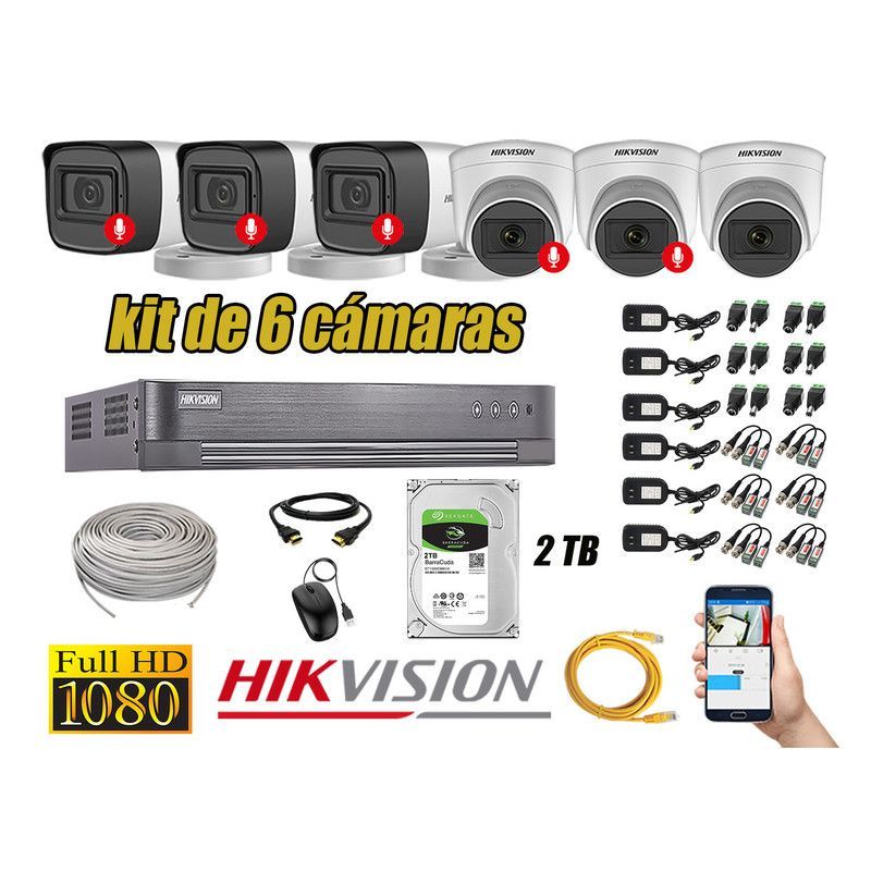 HIKVISION - CÁMARAS SEGURIDAD KIT 6 FULL HD 1080P CON AUDIO INCORPORADO 2TB