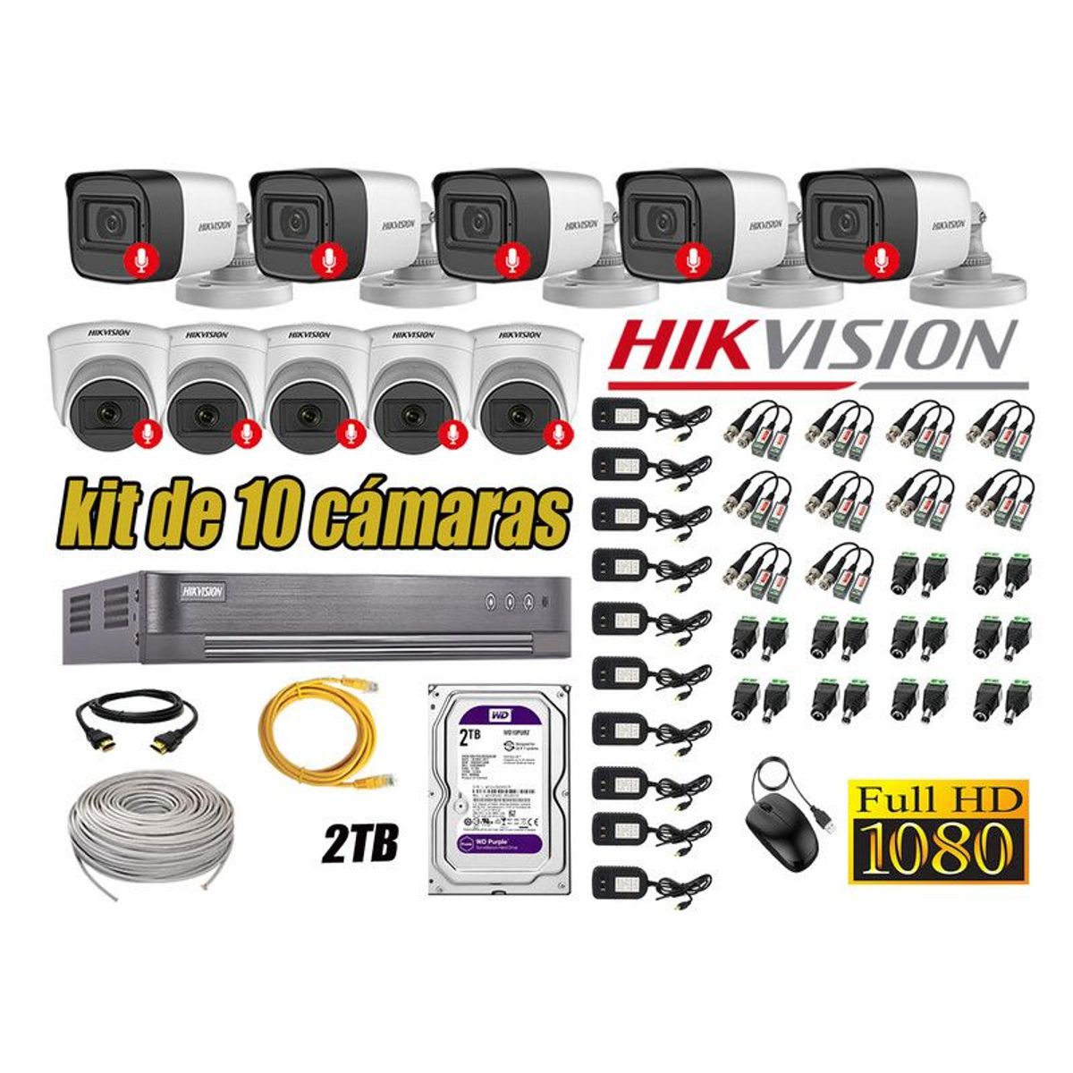 HIKVISION - CÁMARAS SEGURIDAD KIT 10 FULL HD 1080P CON AUDIO INCORPORADO 2TB