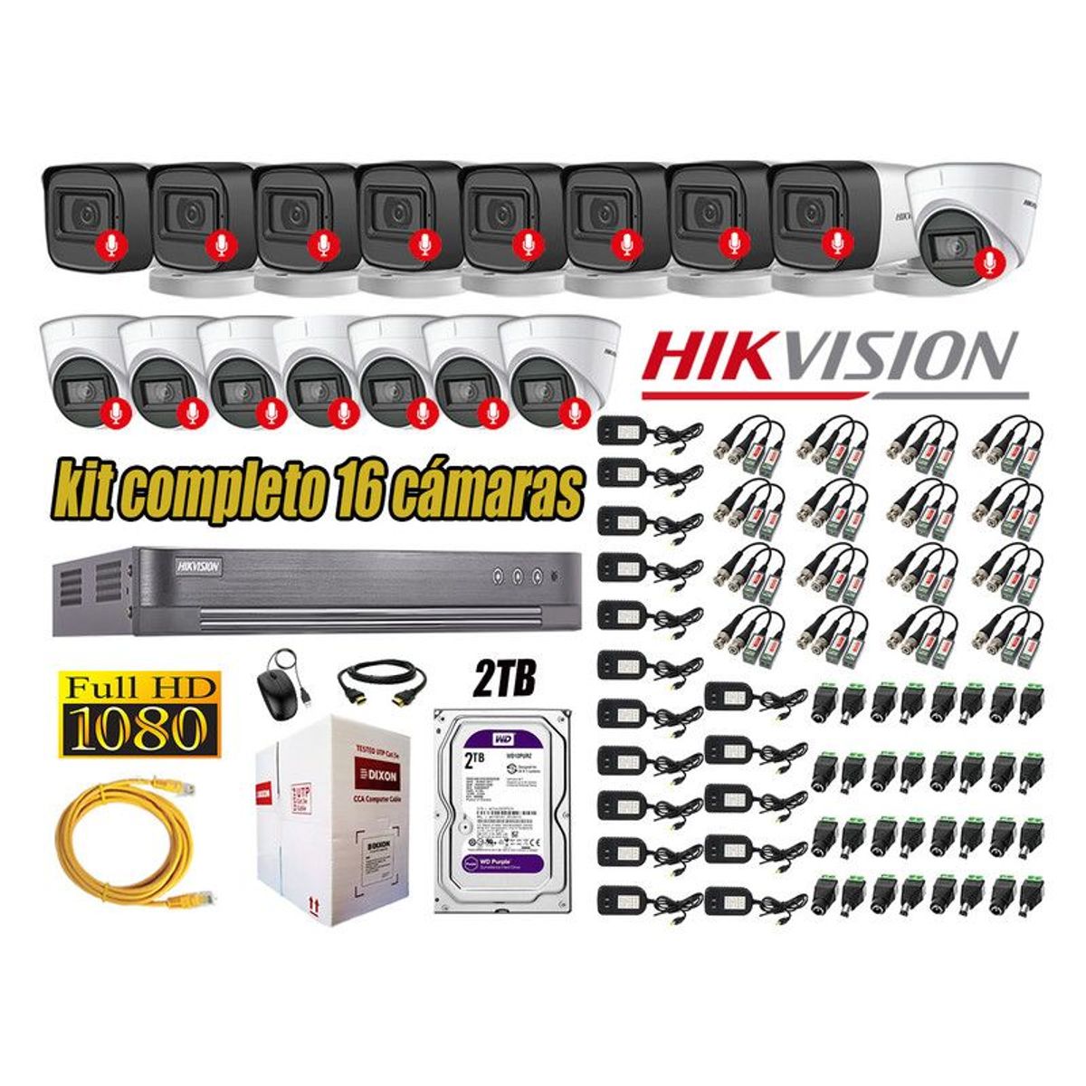 HIKVISION - CÁMARAS SEGURIDAD KIT 16 FULL HD 1080P CON AUDIO INCORPORADO 2TB