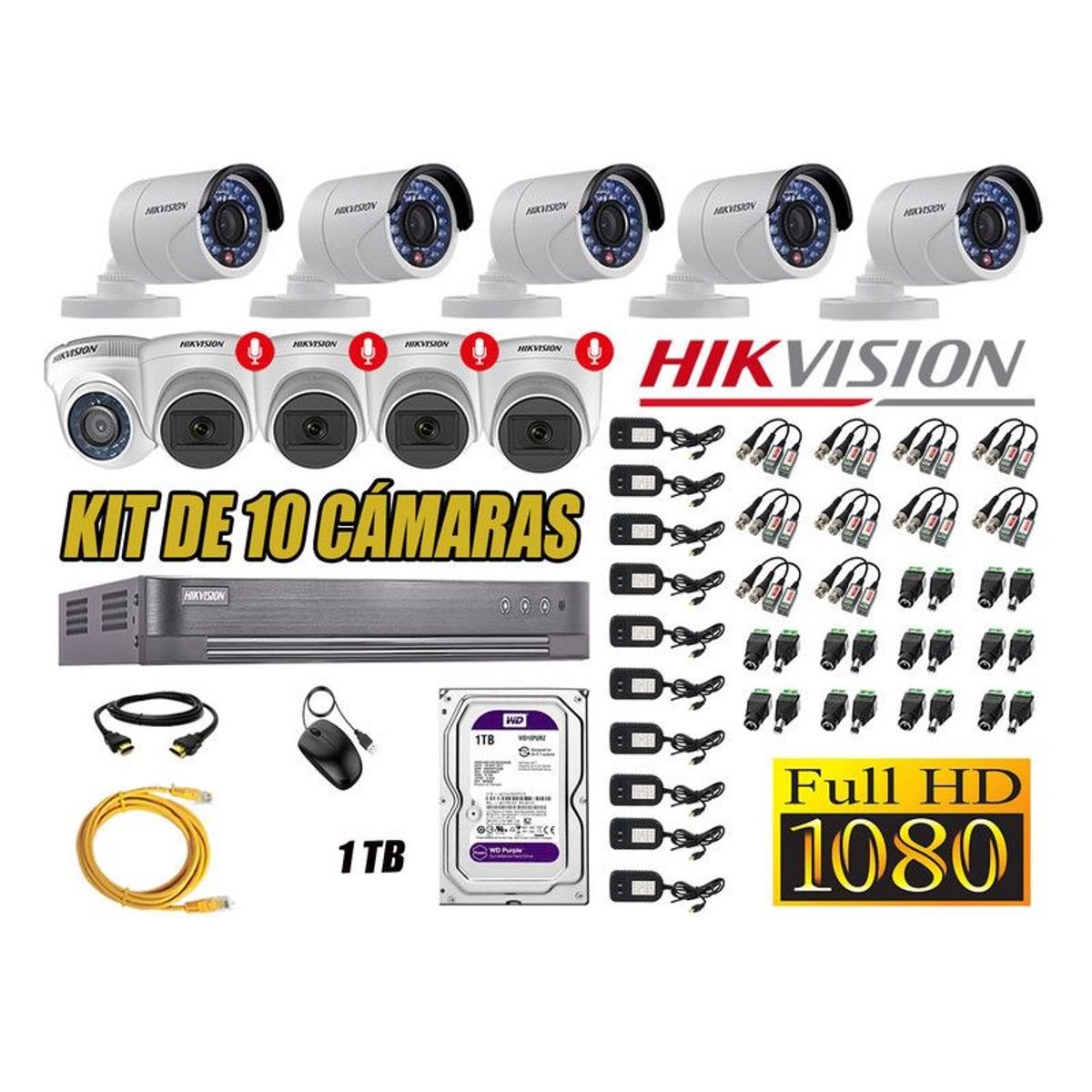 HIKVISION - CÁMARAS SEGURIDAD KIT 10 FULL HD 04 CAMARA CON AUDIO INCORPORADO 1TB