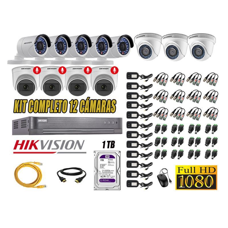 HIKVISION - CÁMARAS SEGURIDAD KIT 12 FULL HD 04 CAMARA CON AUDIO INCORPORADO 1TB