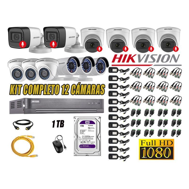 HIKVISION - CÁMARAS SEGURIDAD KIT 12 FULL HD 6 CAMARA CON AUDIO 1TB
