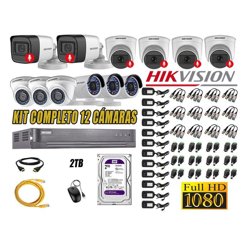 HIKVISION - CÁMARAS SEGURIDAD KIT 12 FULL HD 6 CAMARA CON AUDIO 2TB