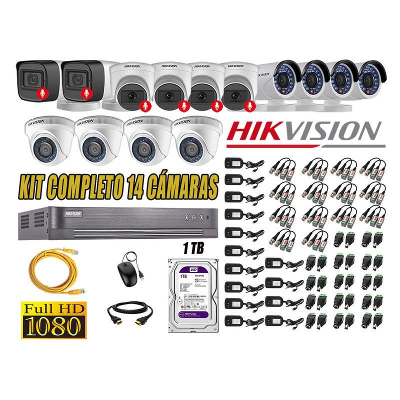 HIKVISION - CÁMARAS SEGURIDAD KIT 14 FULL HD 6 CAMARA CON AUDIO 1TB