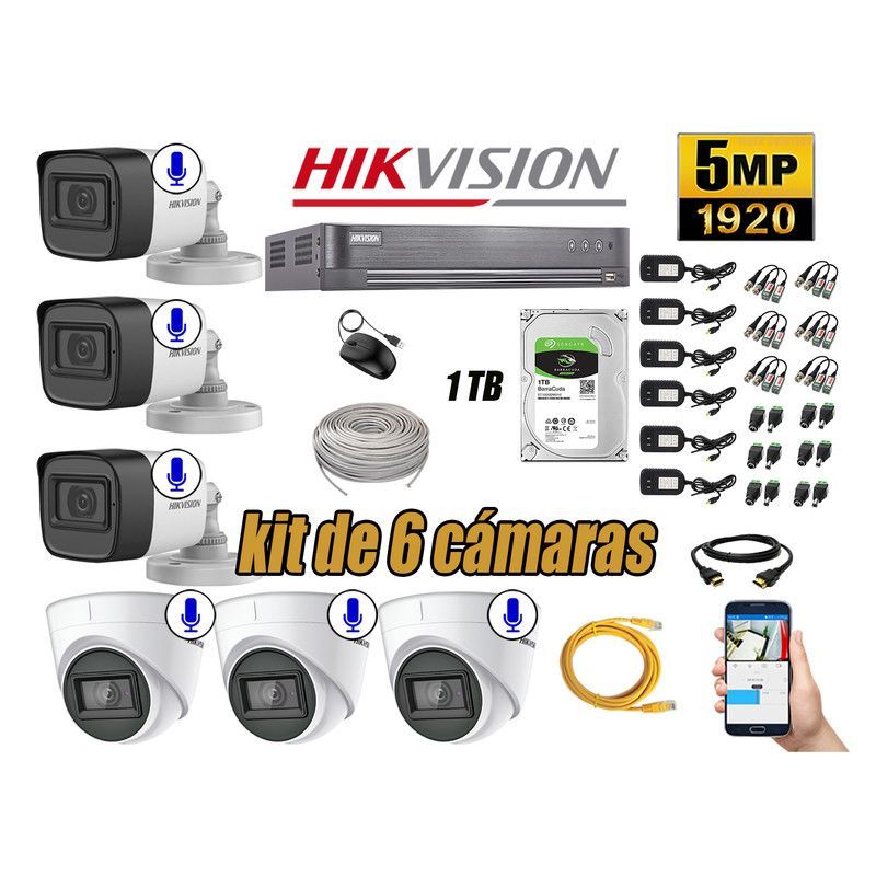 HIKVISION - CÁMARAS SEGURIDAD KIT 6 5MP + DISCO 1TB AUDIO INCORPORADO P2P COMPLETO
