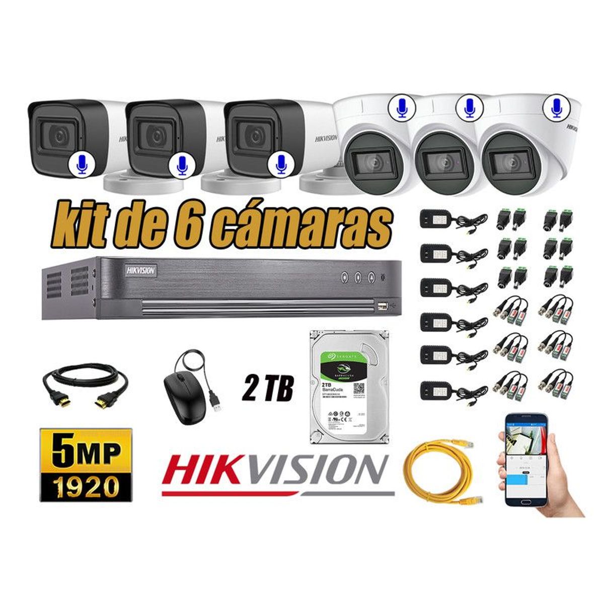 HIKVISION - CÁMARAS SEGURIDAD KIT 6 5MP + DISCO 2TB AUDIO INCORPORADO P2P HDMI