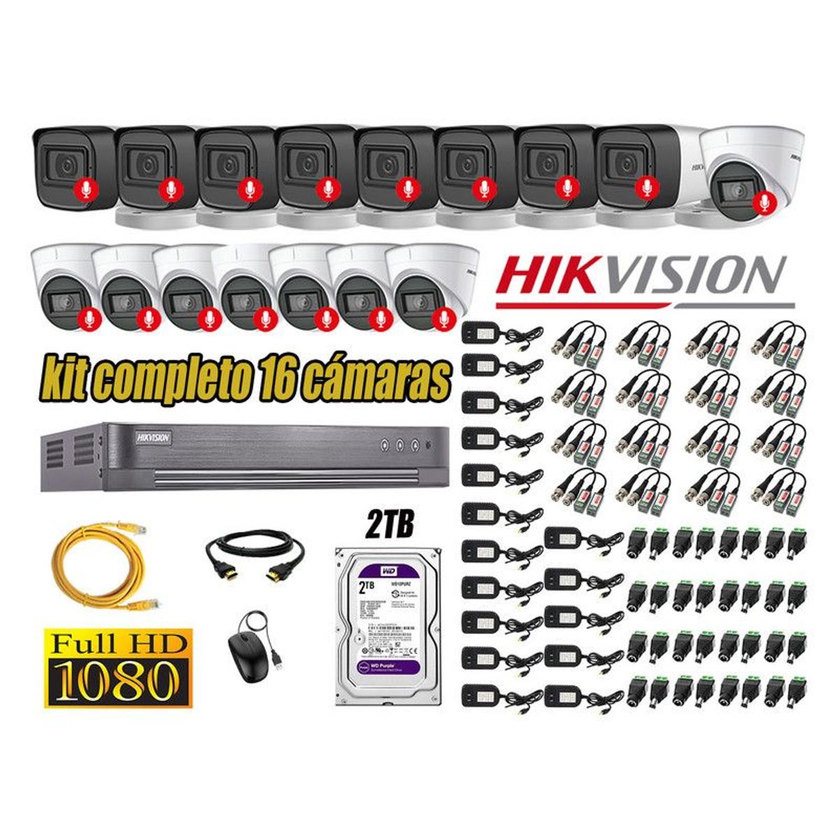 HIKVISION - CÁMARAS SEGURIDAD KIT 16 FULL HD 1080P CON  AUDIO INCORPORADO 2TB