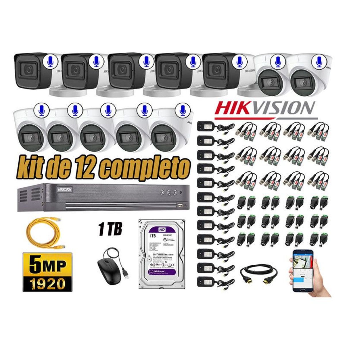 HIKVISION - CÁMARAS SEGURIDAD KIT 12 5MP + DISCO WD 1TB AUDIO INCORPORADO P2P HDMI