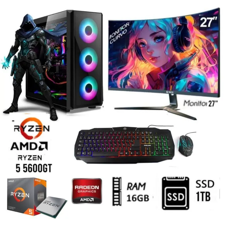 AMD - Computadora PC RYZEN 5 5600GT  RAM 16GB DISCO SOLIDO 1TB  MONITOR CURVO 27 FHD