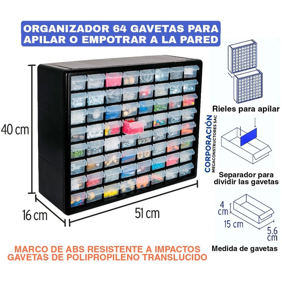 TRUPER - Organizador de tornillos, herramientas 64 compartimientos gavetas