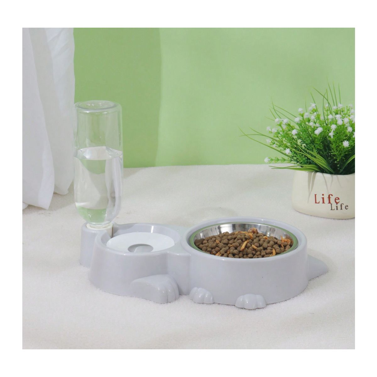 GRETAIL - Plato y Bebedero Para Perro o Gato Doble Plato Con Botella