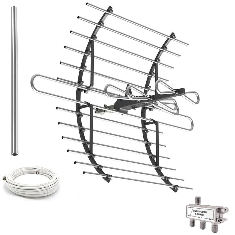 GENERICO - Antena Digital Exterior Tv Tdt Curva Grande Más Splitter 3 vías