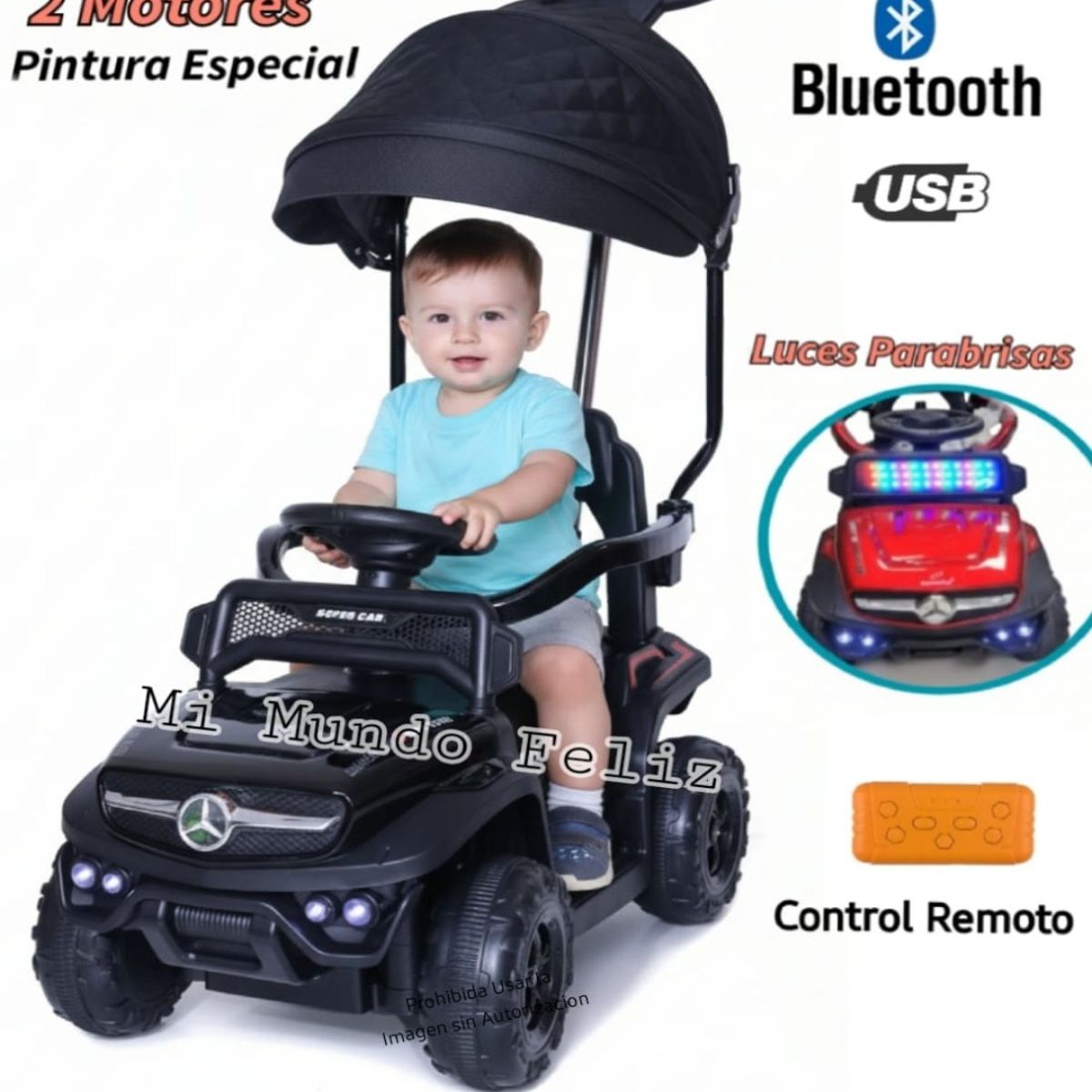 FIRST TOY - Carrito Niños Pedal Push Electrico con Control  Bateria NEGRO