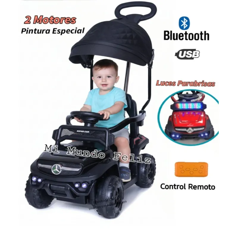 FIRST TOY - Carrito Niños Pedal Push Electrico con Control  Bateria NEGRO