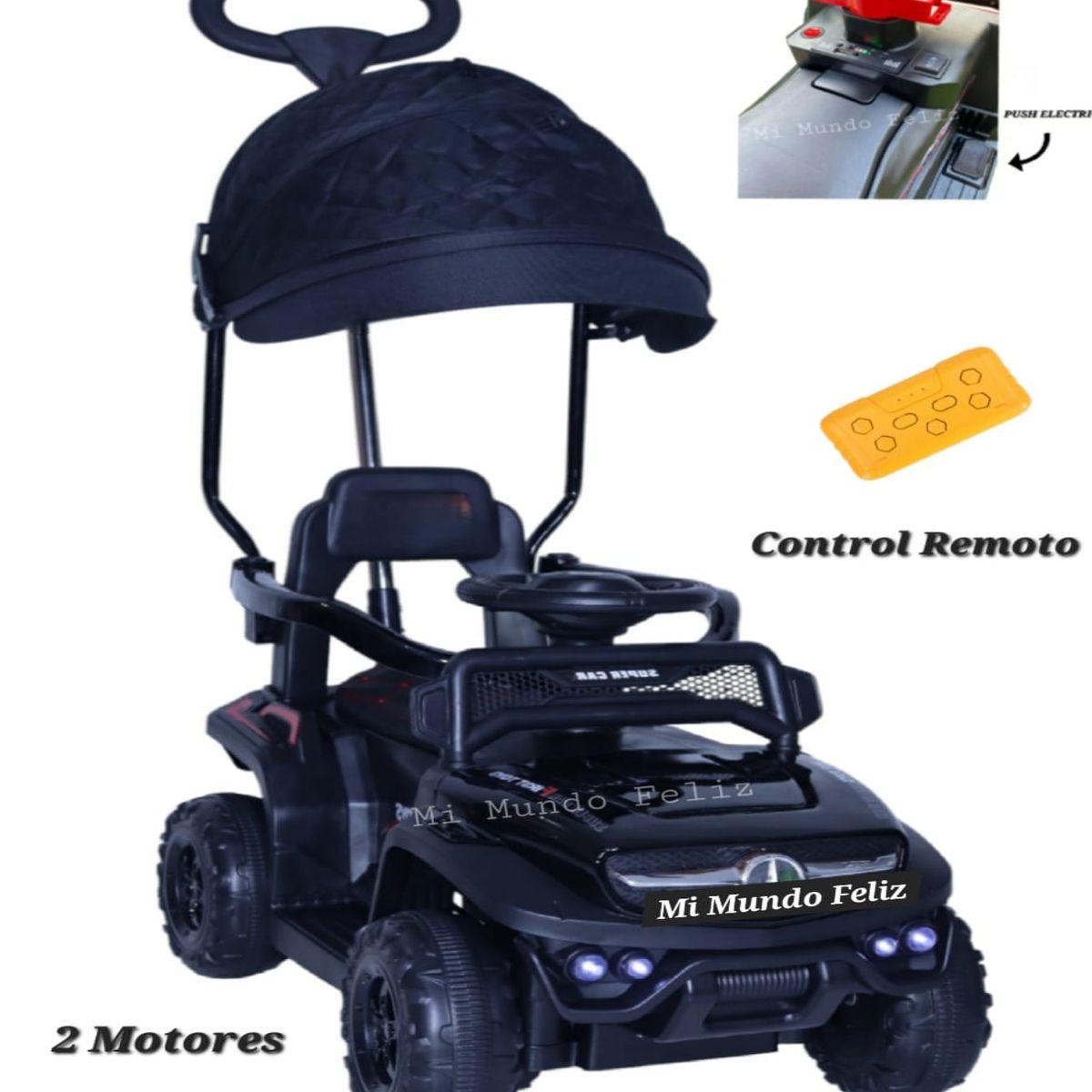 FIRST TOY - Carrito Niños Pedal Push Electrico con Control  Bateria NEGRO