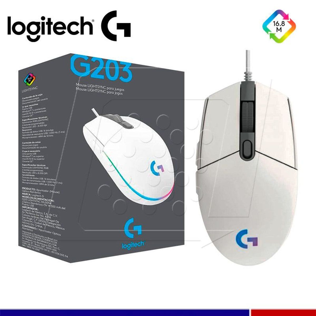 LOGITECH - MOUSE LOGITECH G203 LIGHTSYNC WHITE 8000 DPI - GAMING - LED-RGB