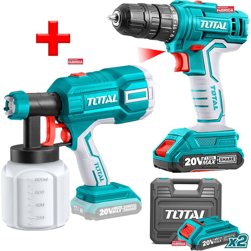 TOTAL TOOLS - COMBO TOTAL 20V PISTOLA DE PINTAR TALADRO ATORNILLADOR INALÁMBRICO