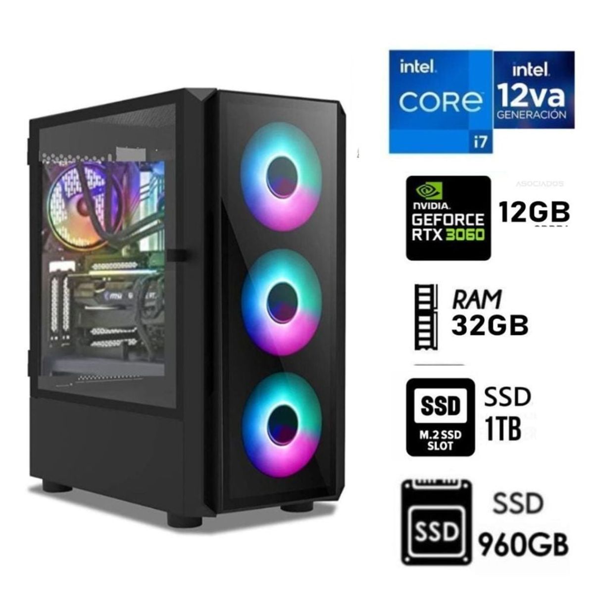 INTEL - Computadora PC Gamer Core i7-12TH Ram32GB, SSD M.2- 1TB+SSD 960GB, RTX 3060 12GB