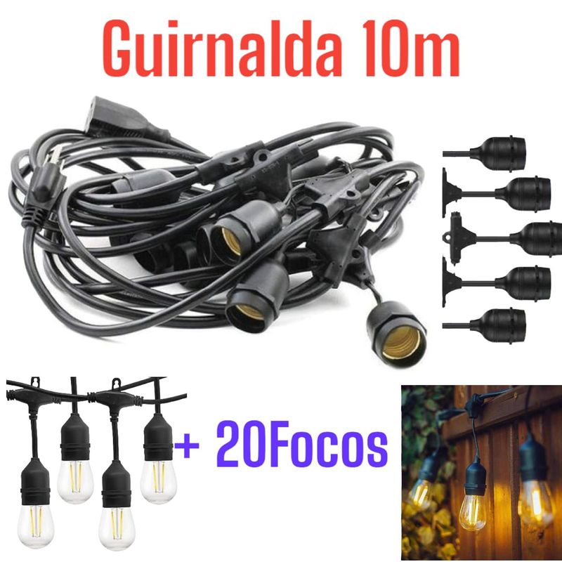 OEM - Guirnalda 20Focos y 10metros para Focos Vintage Jardín Fiesta Azotea