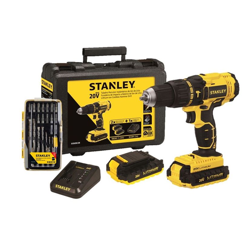 STANLEY - Taladro Percutor Inalámbrico Ion Litio 1/2" 20V+ Set de brocas Sta4310