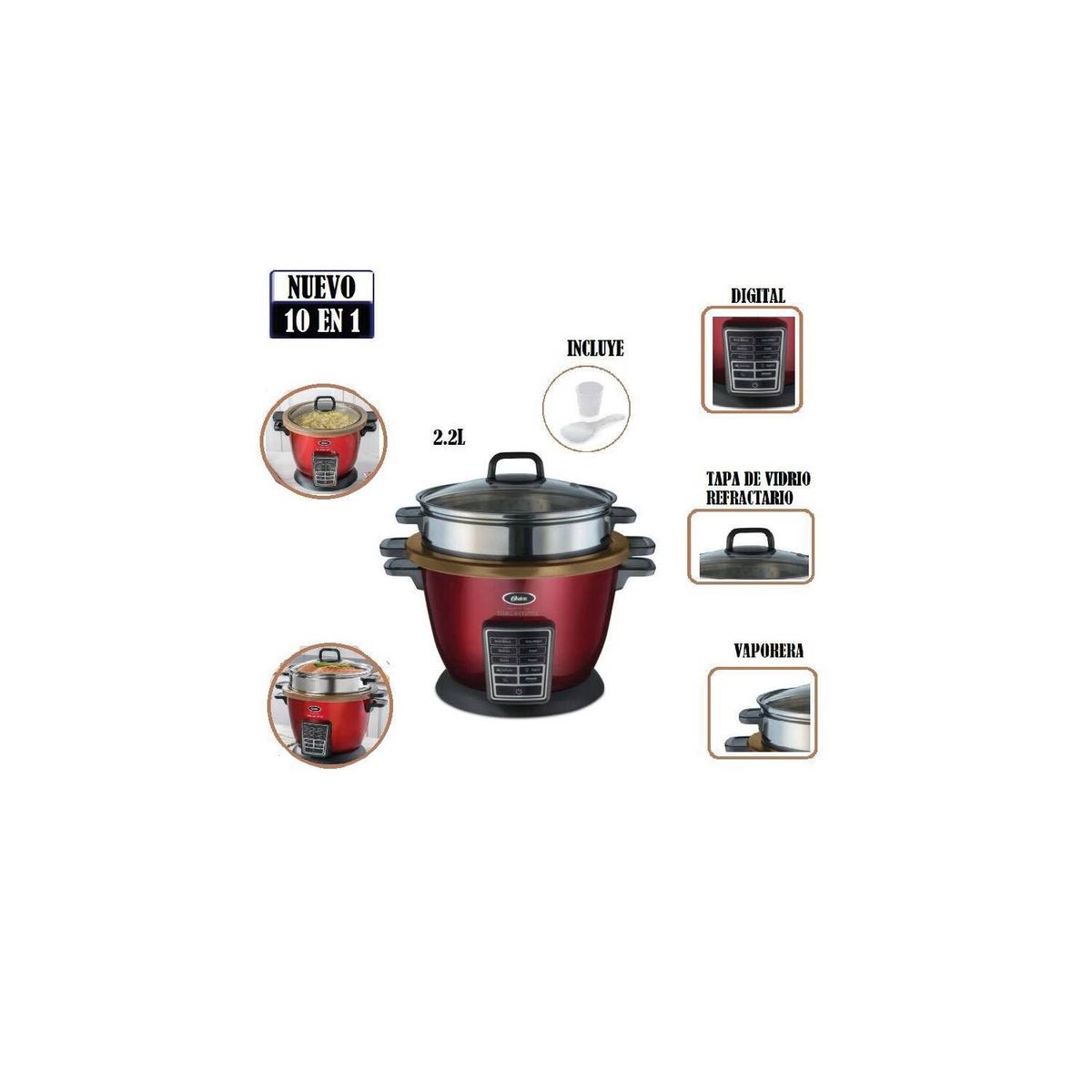 OSTER - Arrocera multifunción 10 en 1 Oster con Bioceramic CKSTRC9030R Roja