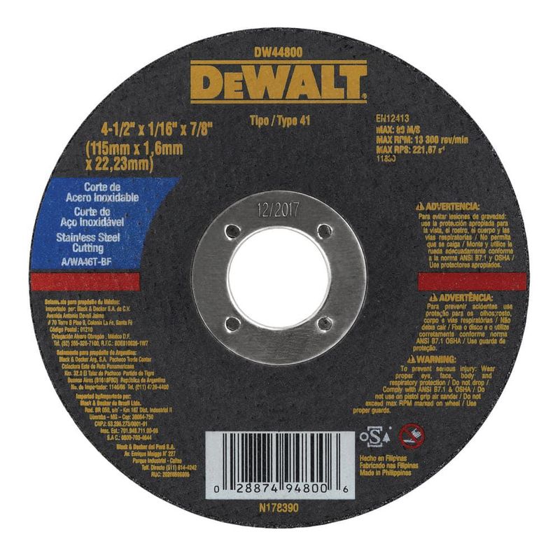 DEWALT - Disco Abrasivo Corte Inox 4-1/2" x 1/16" (1.6 mm) - Pack x 25 unid
