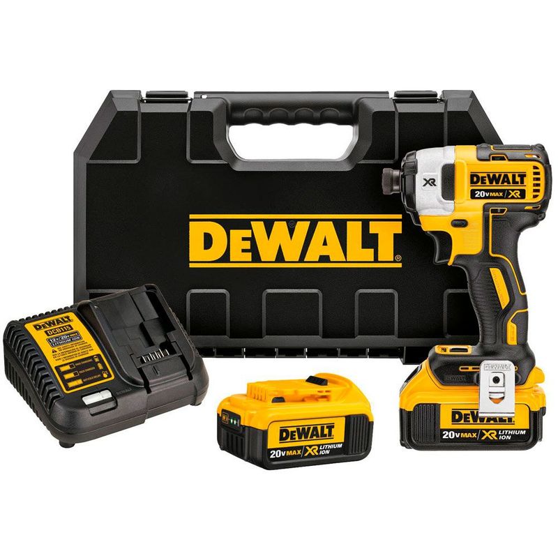 DEWALT - Kit: Atornillador Impacto 20V Xr Sin Carbones Caja Plástica, Cargador + 2 Baterías Compactas Lithium 4Ah