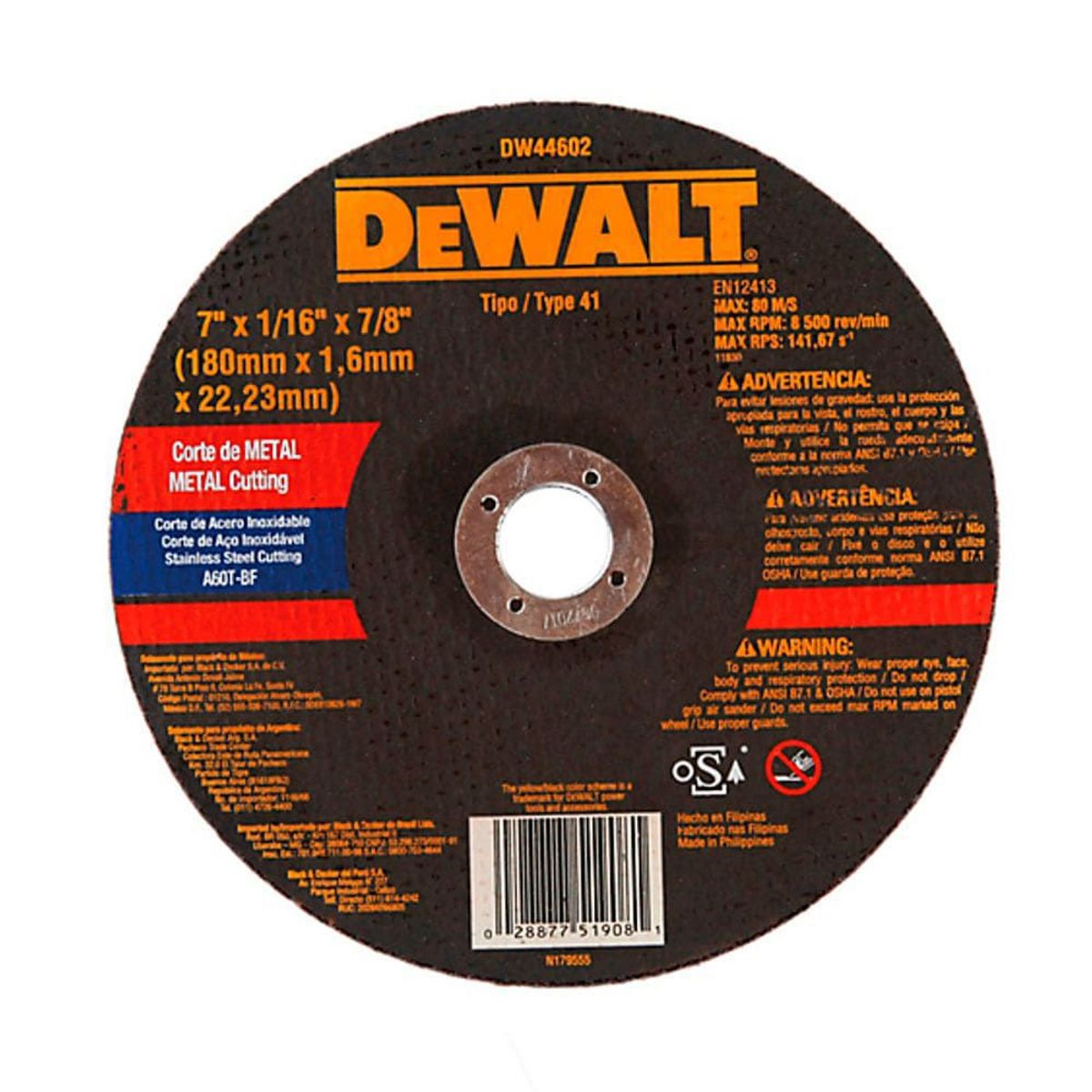 DEWALT - Disco Abrasivo Corte Inox 7" x 1/16" (1.6 mm) - Pack x 25 unid