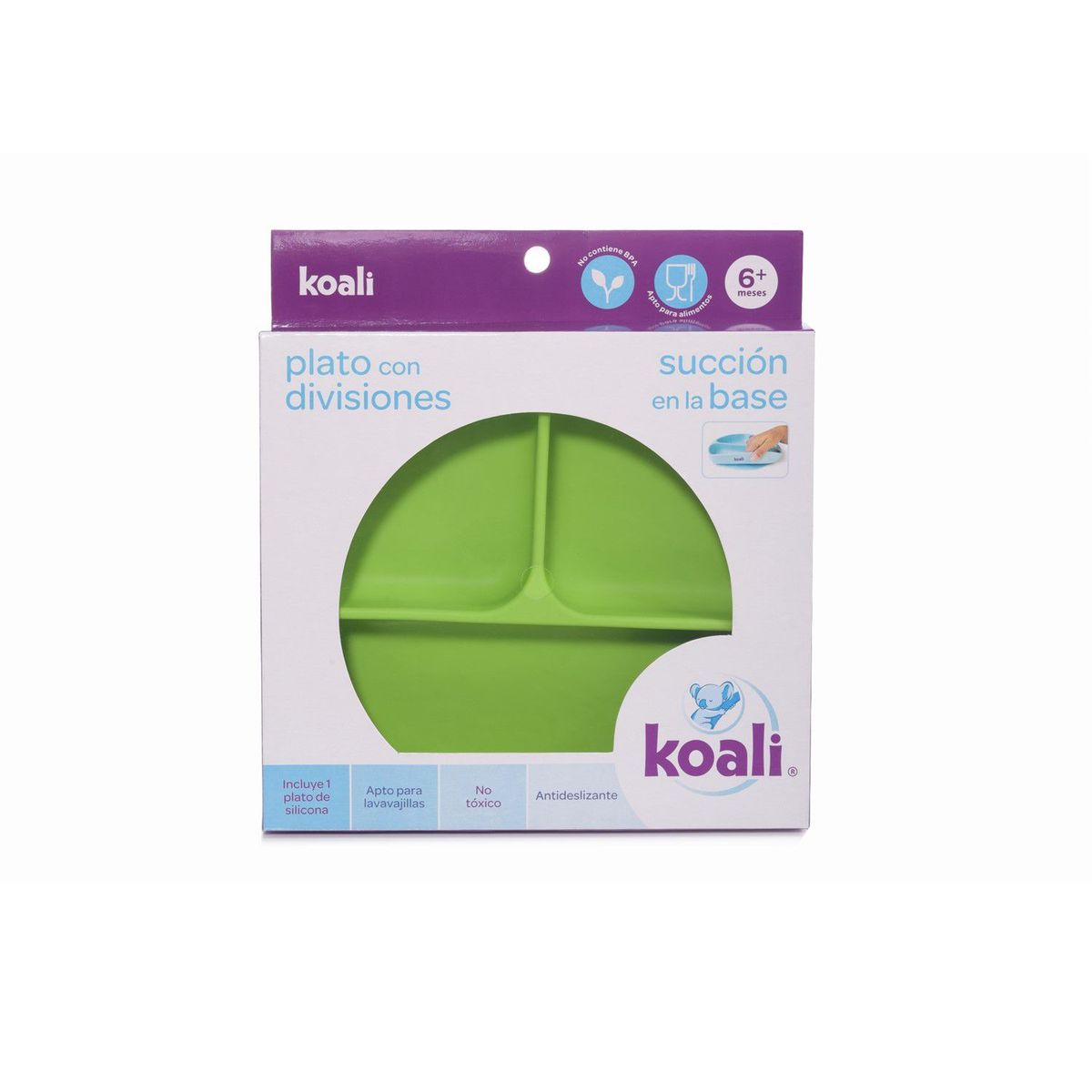 KOALI - Plato para bebe de Silicona Divisiones Antideslizante Verde