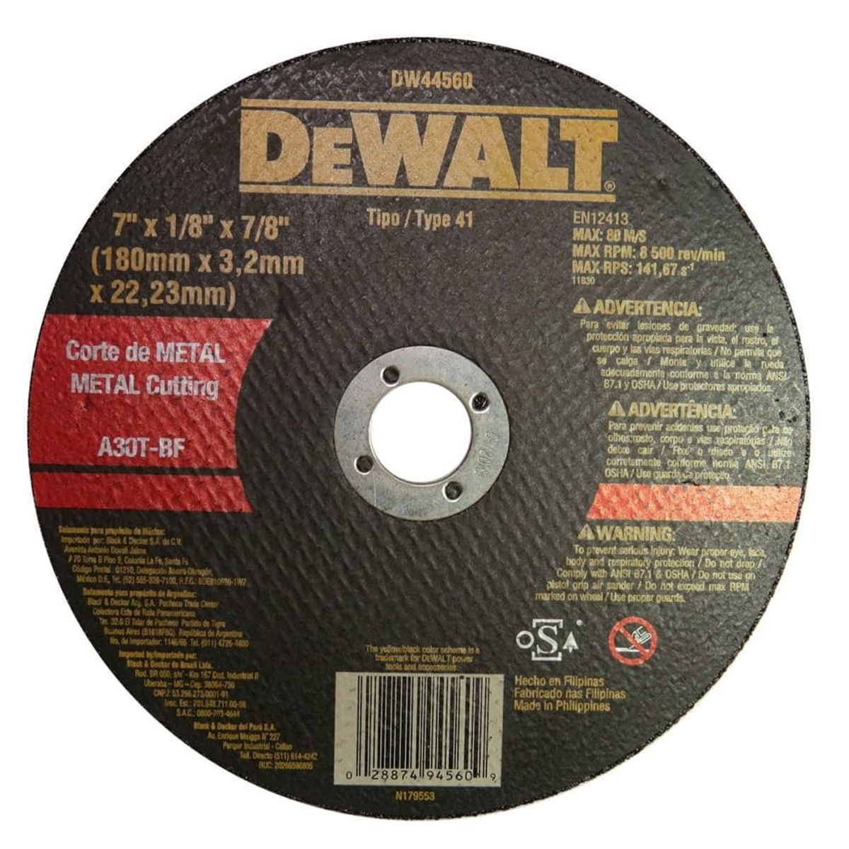 DEWALT - Disco Abrasivo Corte Metal 7" x 1/8" (3.2 mm) - Pack x 25 unid