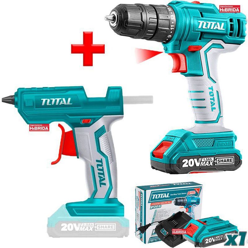 TOTAL TOOLS - COMBO 20V PISTOLA DE SILICONA TALADRO ATORNILLADOR INALÁMBRICO TOTAL