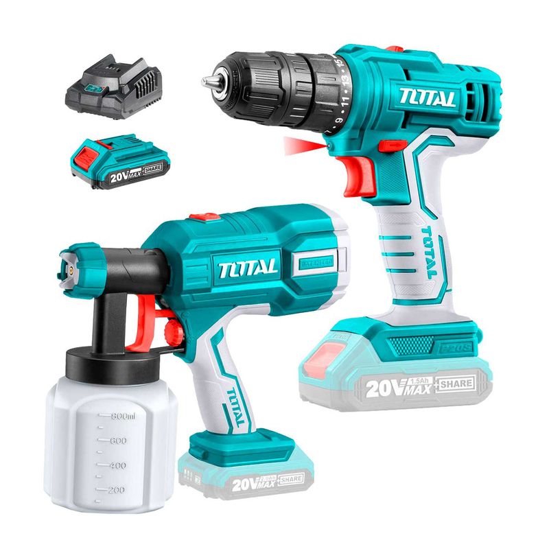 TOTAL TOOLS - COMBO 20V PISTOLA DE PINTAR TALADRO ATORNILLADOR INALÁMBRICO TOTAL