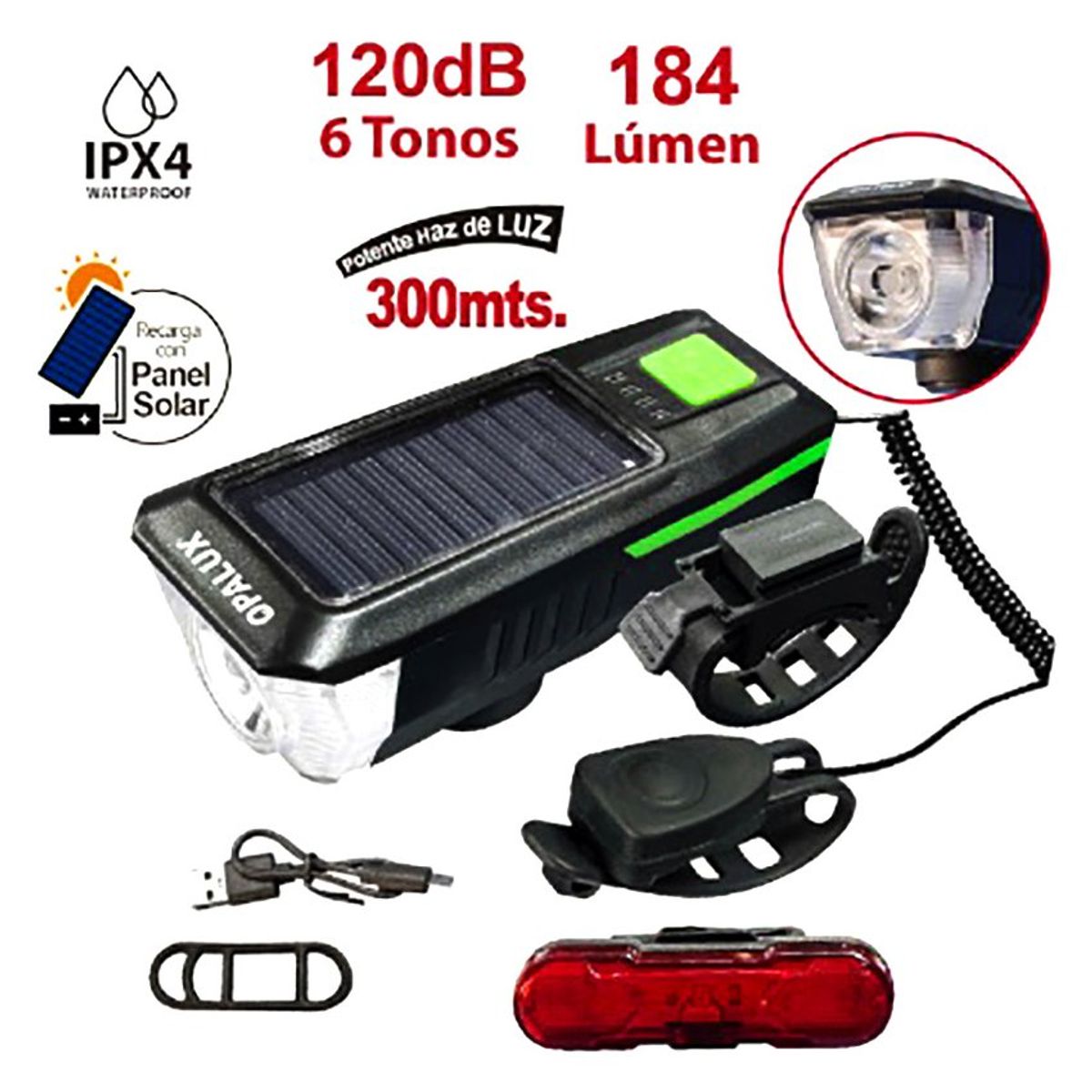 OPALUX - Luz delantera posterior y timbre para bicicletas -recargable