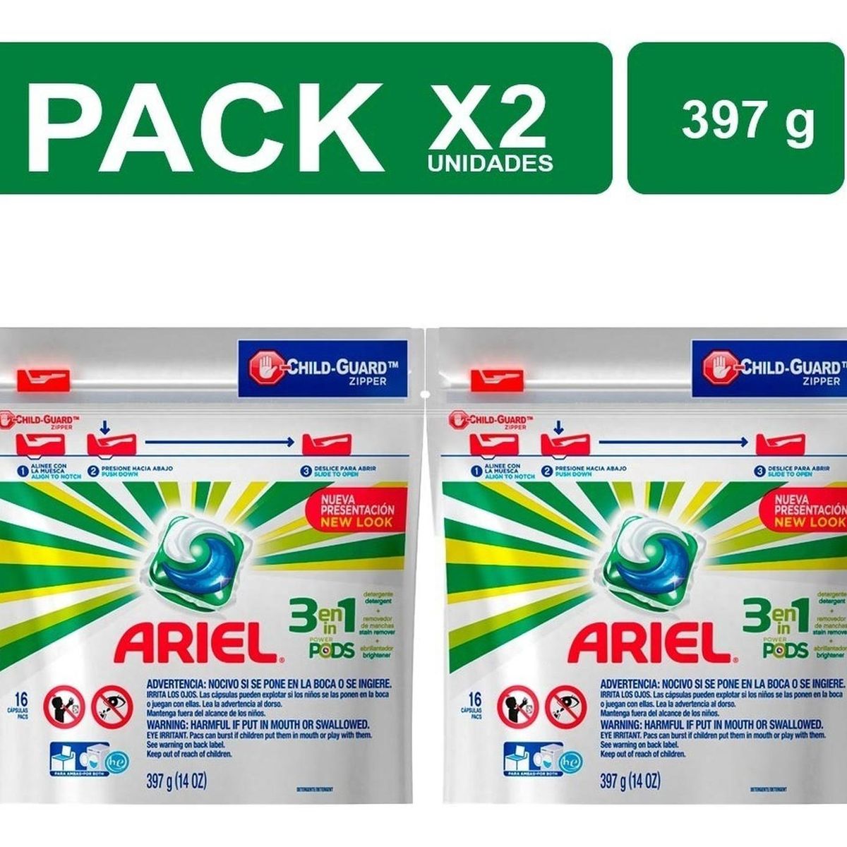 ARIEL - Packx2 Detergente Ariel Power Pods 3en1 16 Cápsulas 397g