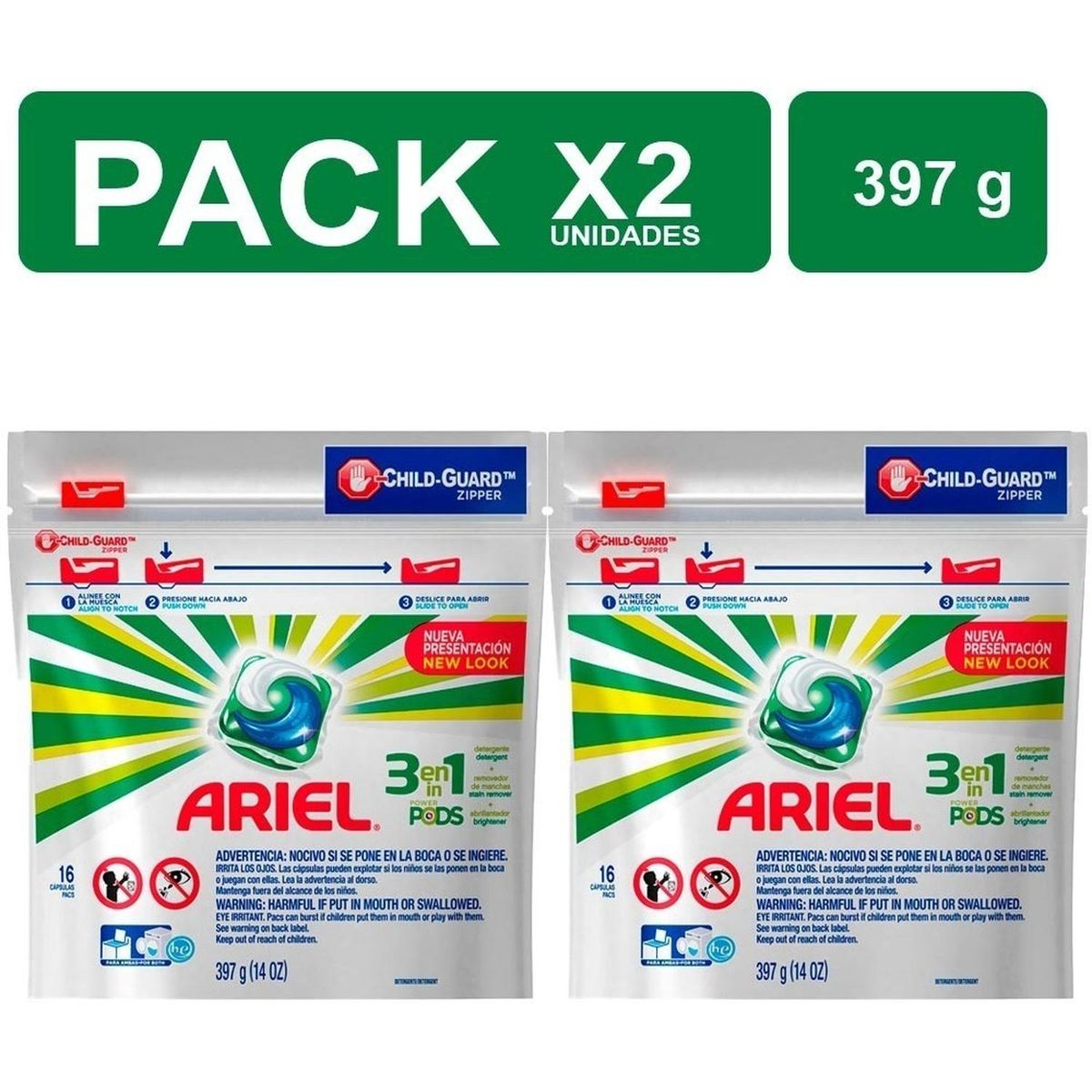 ARIEL - Packx2 Detergente Ariel Power Pods 3en1 16 Cápsulas 397g