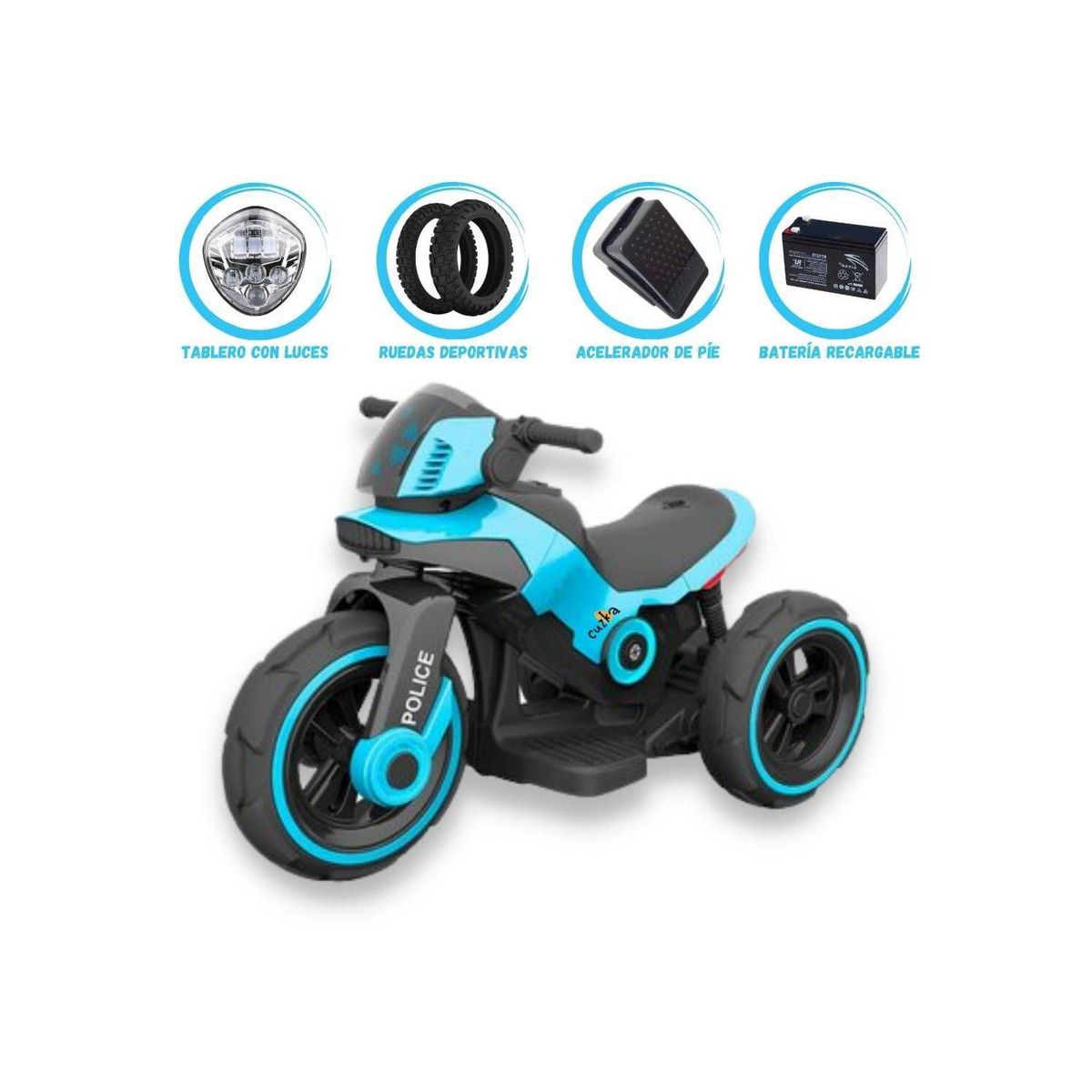 CUZKA - Trimoto a Batería para Niños «POLICE» MP3 Ligth Blue