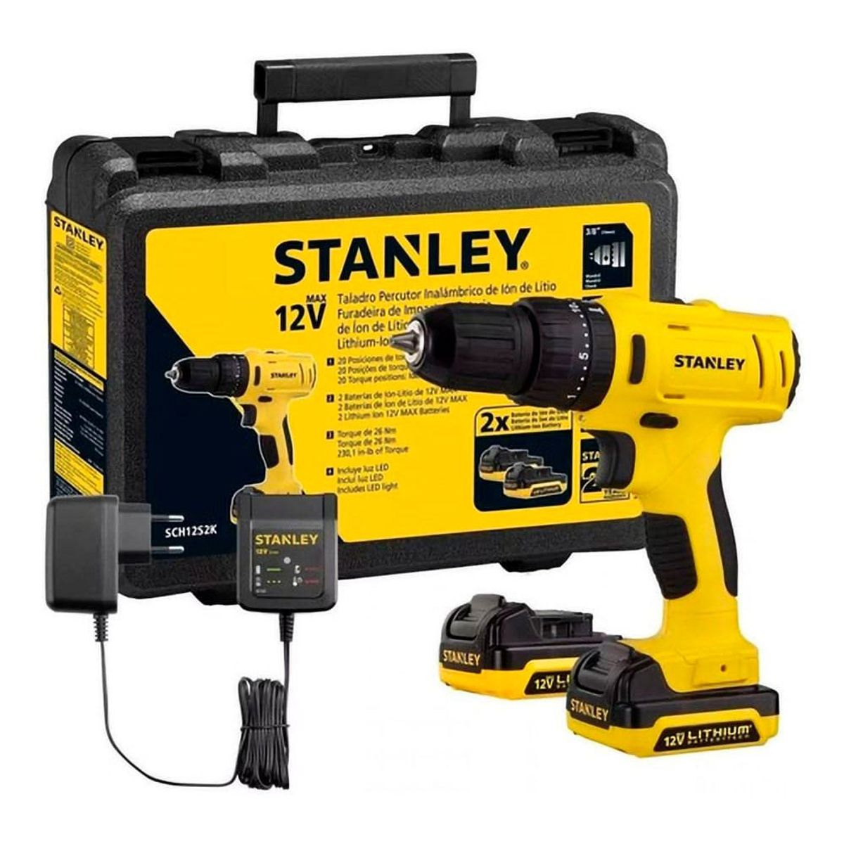 STANLEY - Kit Taladro Inalámbrico 12V + 2 Baterías y Cargador