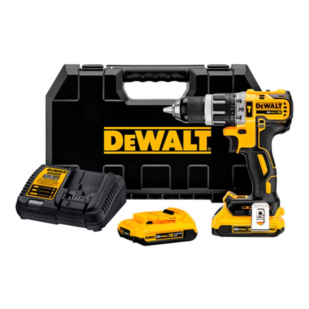 DEWALT - Kit: Taladro Percutor 1/2" 20V XR Sin Carbones + Caja Plástica + Cargador + 2 Baterías Lithium Ion 2Ah