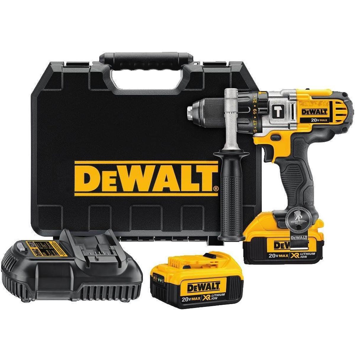 DEWALT - Kit: Taladro Percutor 1/2" 20V + 2 Baterias 3.0 Ah + Cargador + Caja Plastica