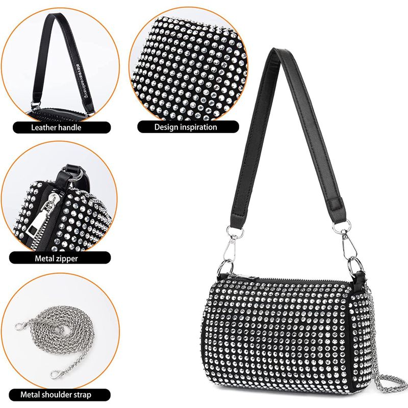Bolso De Mano Covelin Con Diamantes De Imitación - Negro, Tamaño Mediano, Para Fiesta O Diario