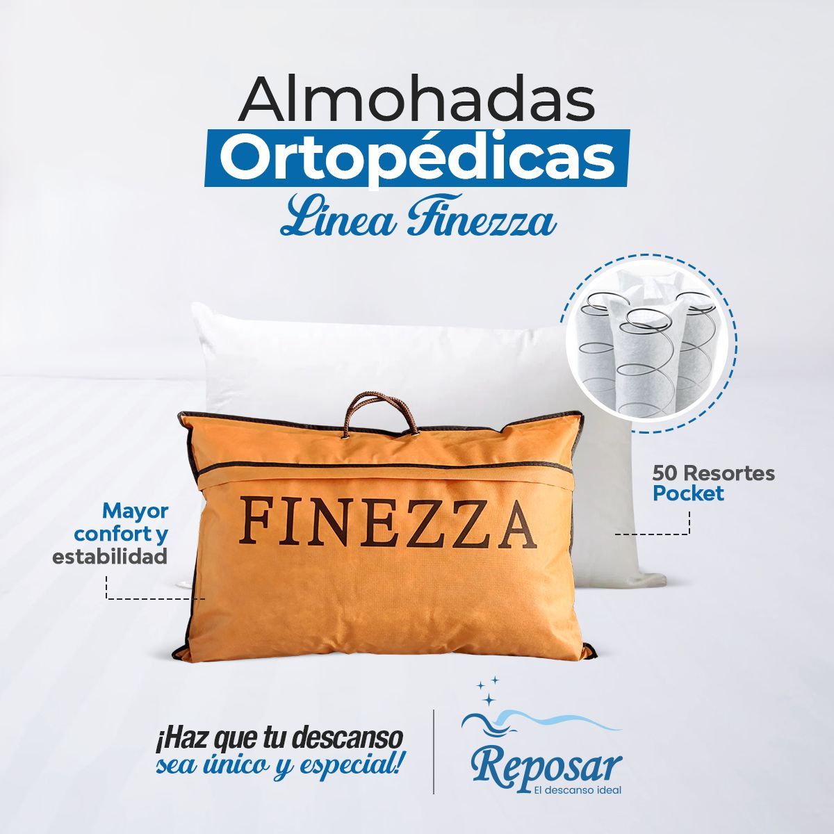 REPOSAR EL DESCANSO IDEAL - Almohadas Super Ortopédicas Linea Finezza con Resortes Pocket.