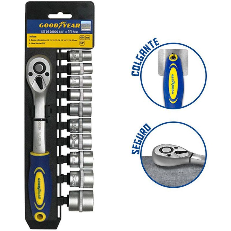 GOODYEAR - Set de dados goodyear 11pcs 3/8"  pulgadas crv