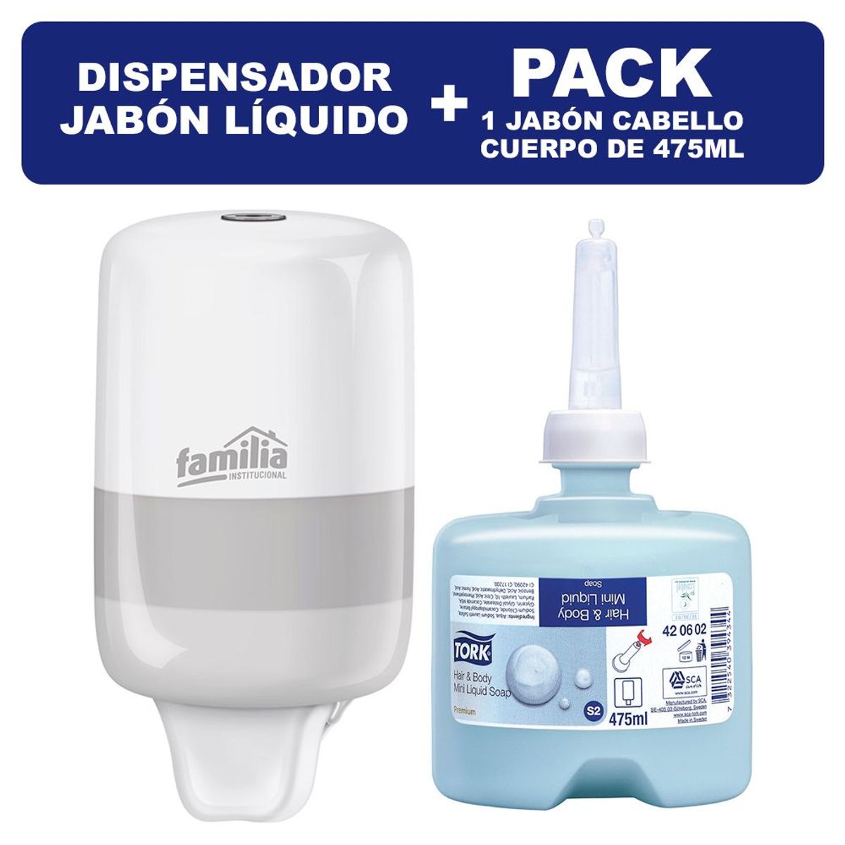 TORK - Dispensador Jabón Líquido Familia Mini + Jabón Cabello 475ml