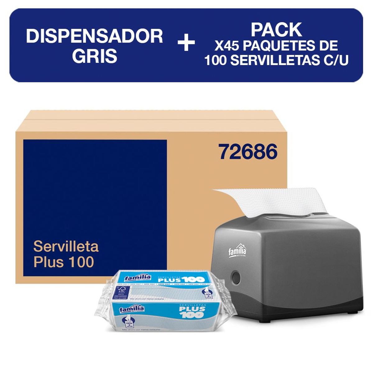 FAMILIA INSTITUCIONAL - Servilletas Familia Plus x45 Pack 100un + Dispensador Gris