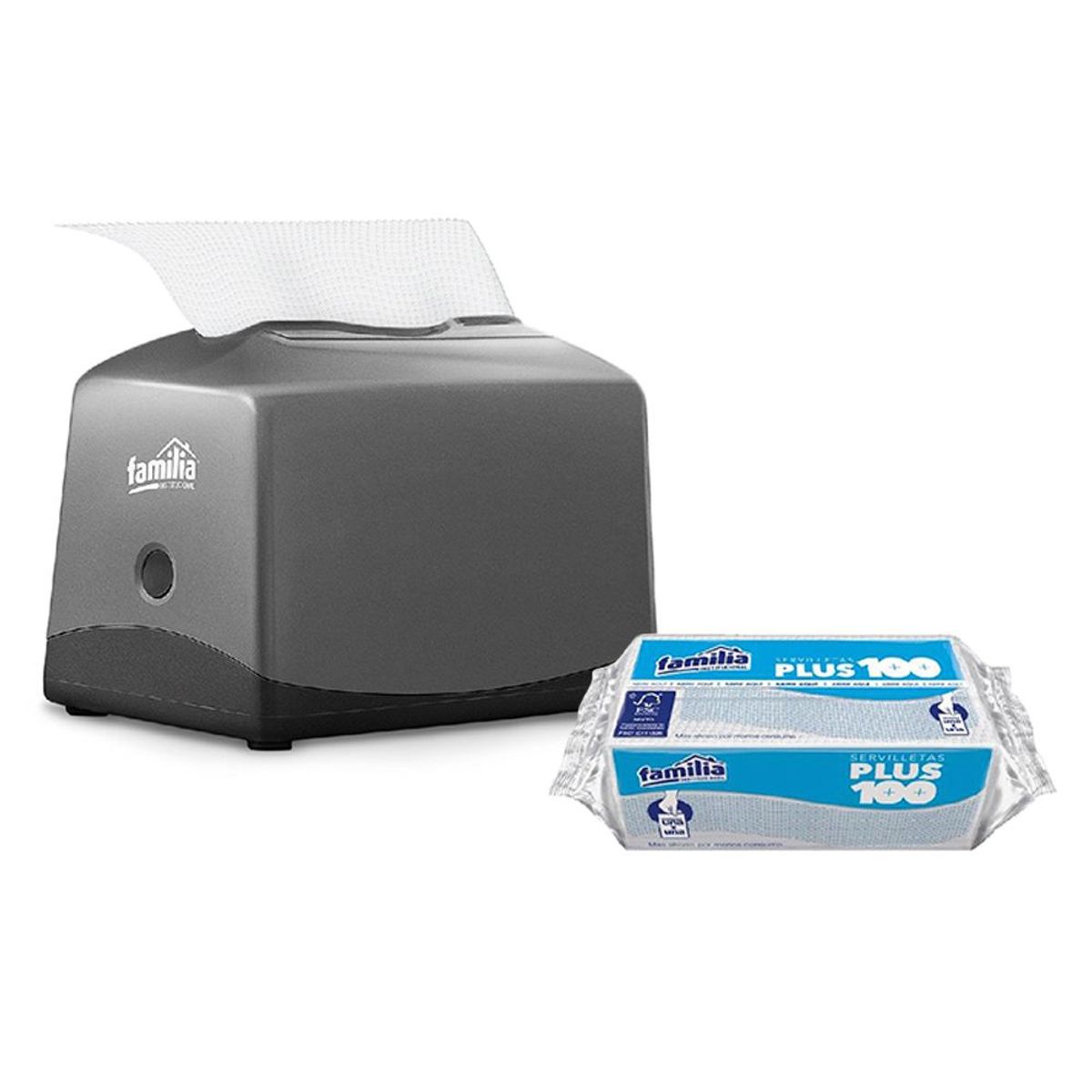 FAMILIA INSTITUCIONAL - Servilletas Familia Plus x45 Pack 100un + Dispensador Gris