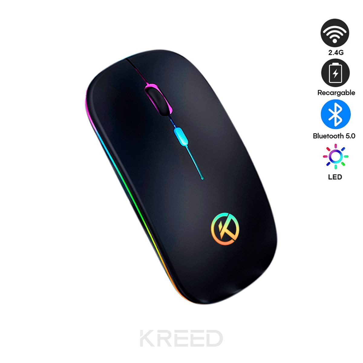 KREED - Mouse Inalámbrico Recargable  Bluetooth RGB -  NEGRO