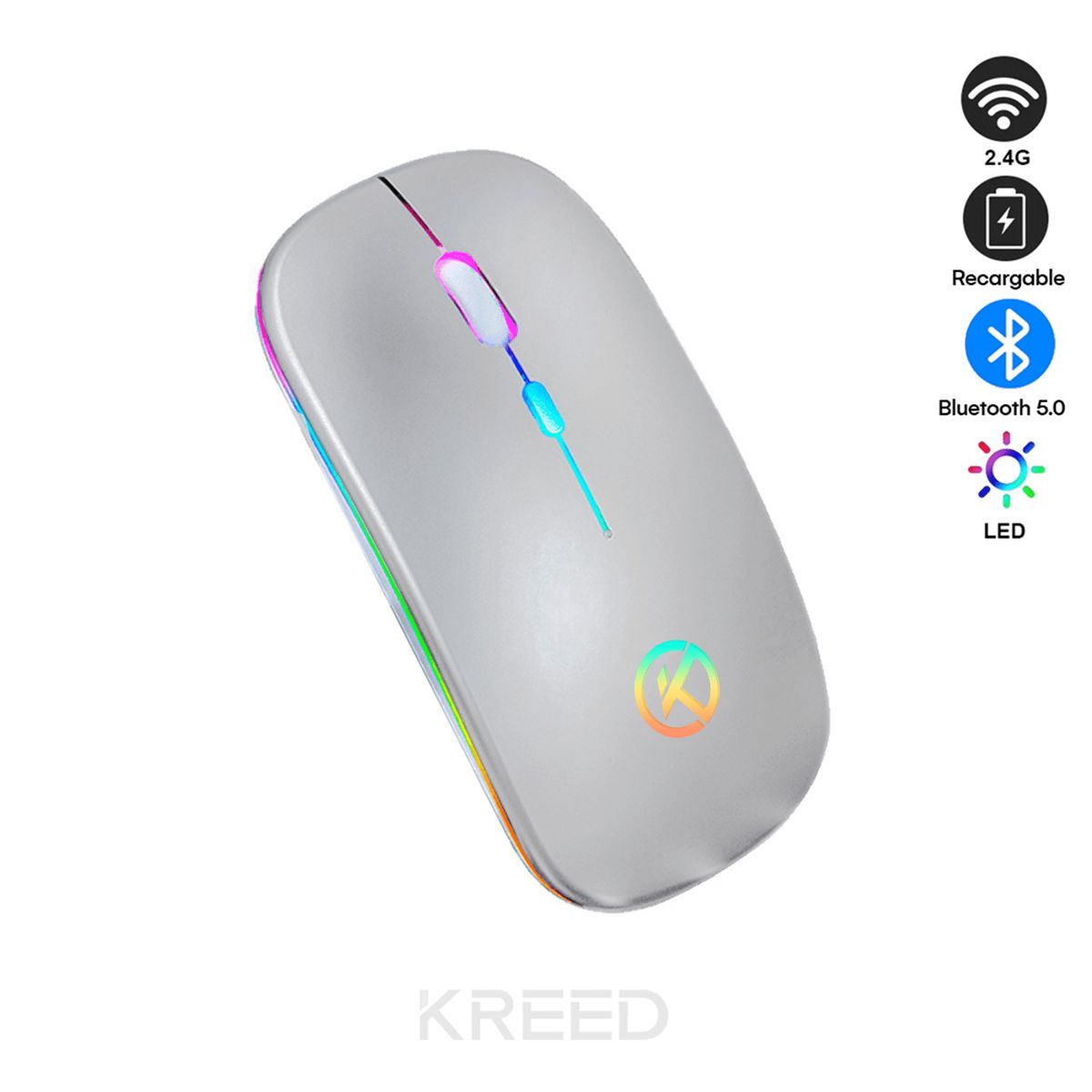 KREED - Mouse Inalámbrico Recargable  Bluetooth RGB -  PLATA