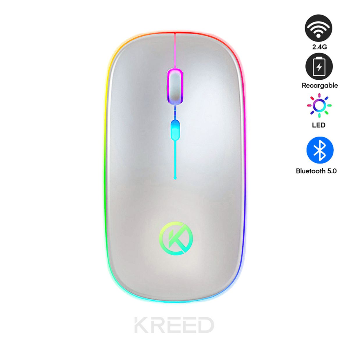 KREED - Mouse Inalámbrico Recargable  Bluetooth RGB -  PLATA