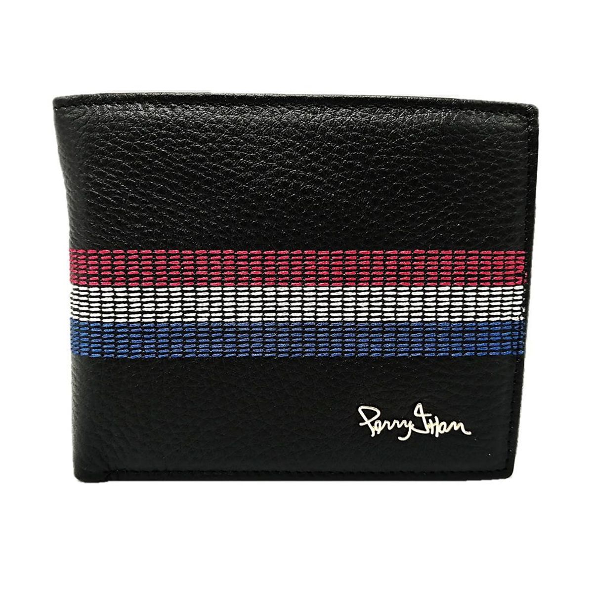 PERRY JHAN - Billetera para hombre 100% Cuero Negro Con 3 Franjas - Perry Jhan