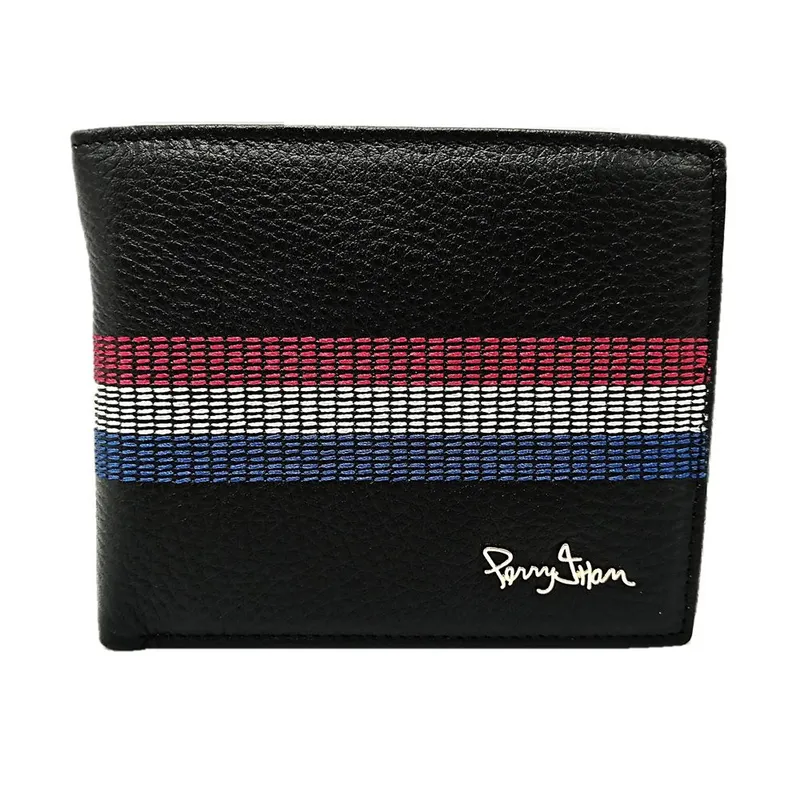 PERRY JHAN - Billetera para hombre 100% Cuero Negro Con 3 Franjas - Perry Jhan